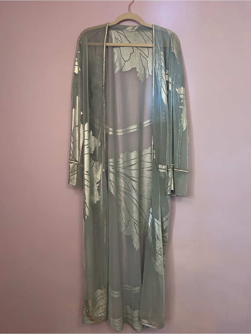 Sheer Metallic Leaf Duster Kimono - Sage Green & Silver